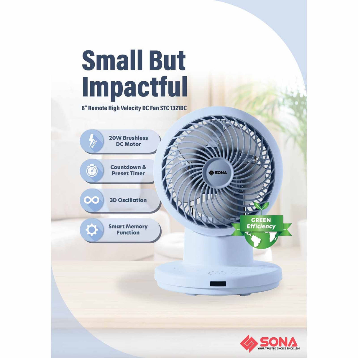 Sona STC 1321DC | STC1321DC Remote DC High Velocity Fan 6 Inch