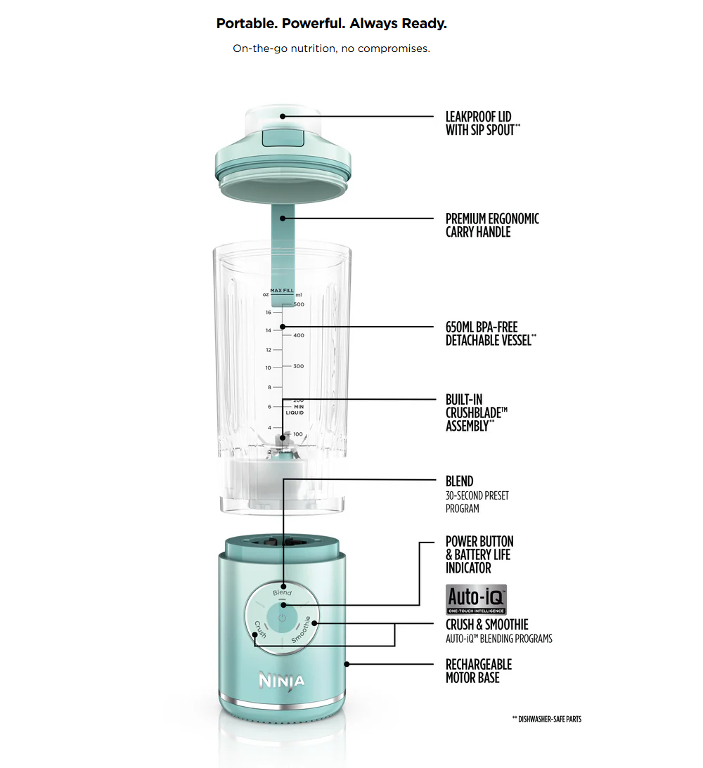 Ninja BC251SM | BC251 Blast Max Portable Blender, 650ml, Rechargeable, Crushes Ice, lightweight, BPA Free
