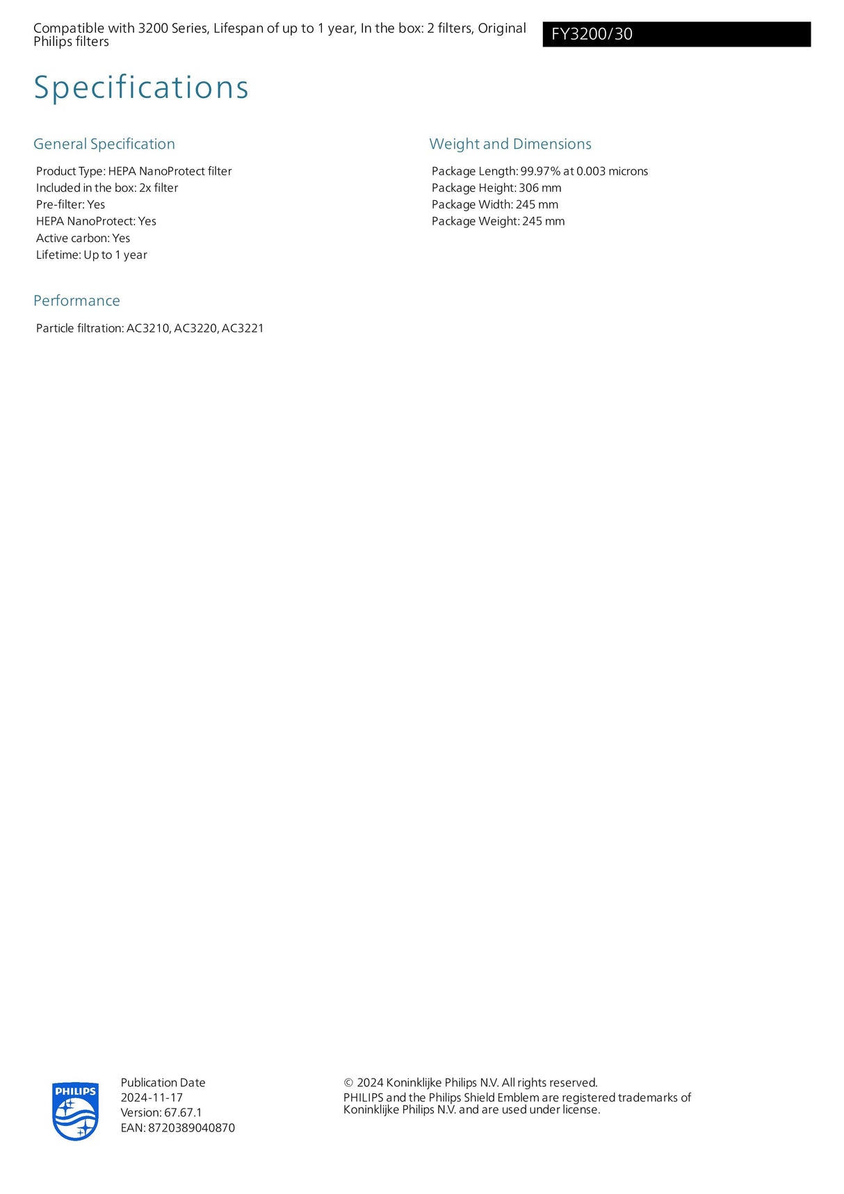 Philips FY3200/30 PureProtect 3200 Series HEPA NanoProtect Filter - Suitable For Air Purifier Model AC3210, AC3220, AC3221