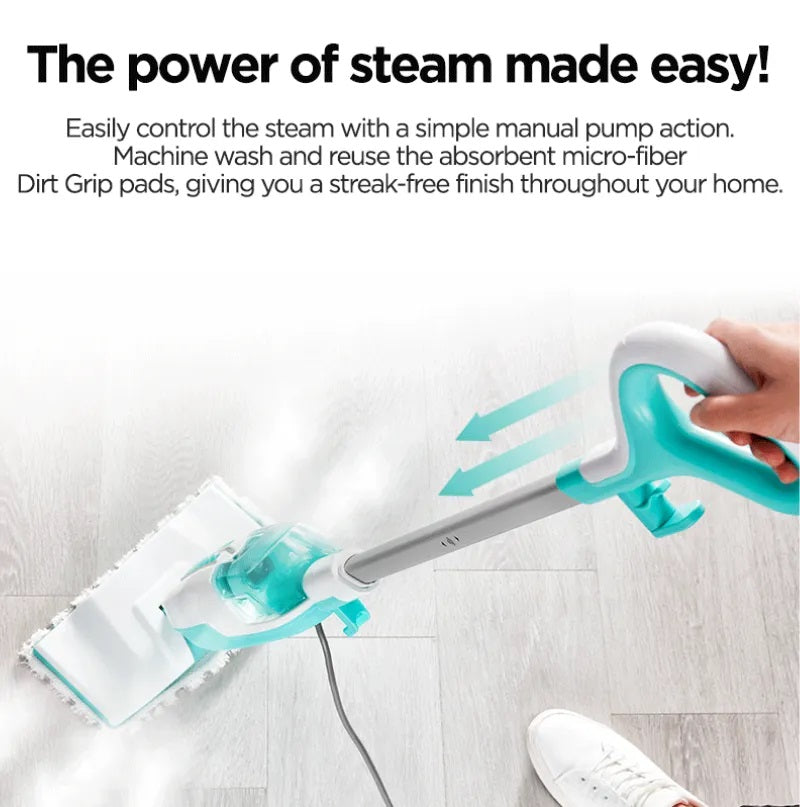 Shark S1000 Steam Mop 375ml, Floor cleaning mop with 2 Dirt Grip Pads, Lightweight, Safe for all Sealed Hard Floors like Tile, Hardwood, Stone, Laminate, Vinyl & More, Machine Washable Pads, Removable Water Tank, White/Seafoam