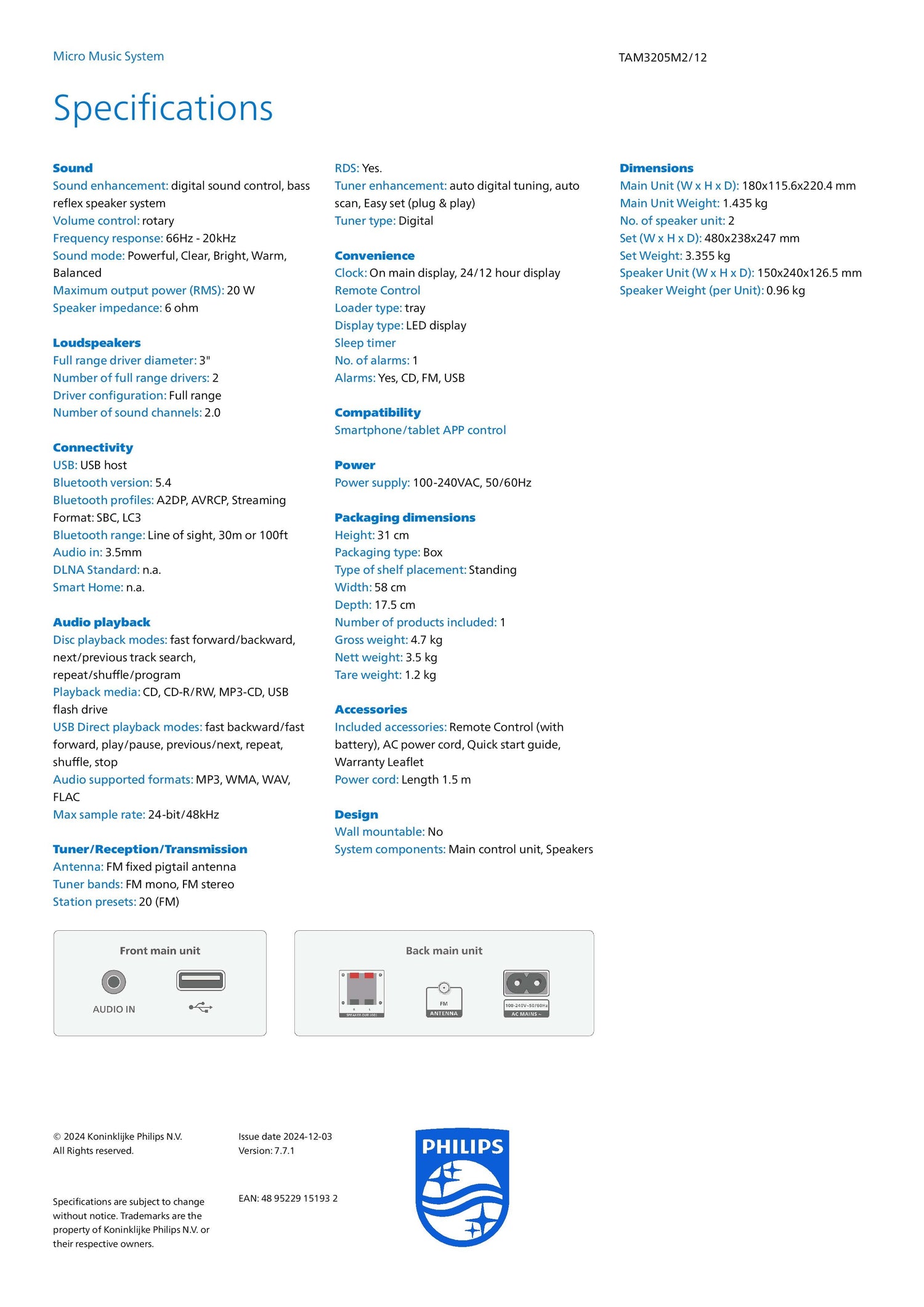Philips TAM3205 | TAM3205M2/12 Micro Music System Bluetooth® CD, USB, FM, Audio In 20W