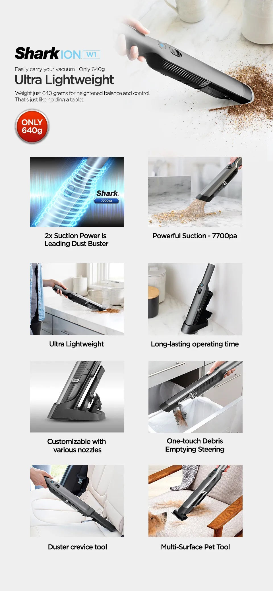 Shark WV203 | WV204 | WV205 | WV206 WANDVAC Cordless Handheld Vacuum, Lightweight, Powerful Suction, Duster/Crevice & Multi-Surface Tools - 4 Color Available