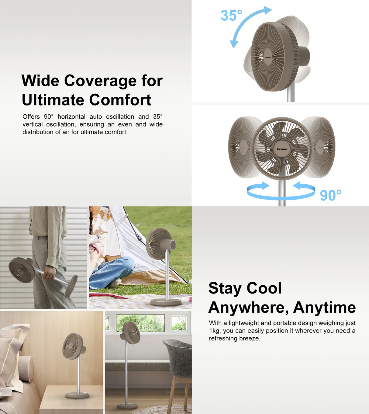 Europace EUF3753D | EUF3753DBR | EUF3753DGY Rechargeable DC Fan with Adjustable Height 7 Inch