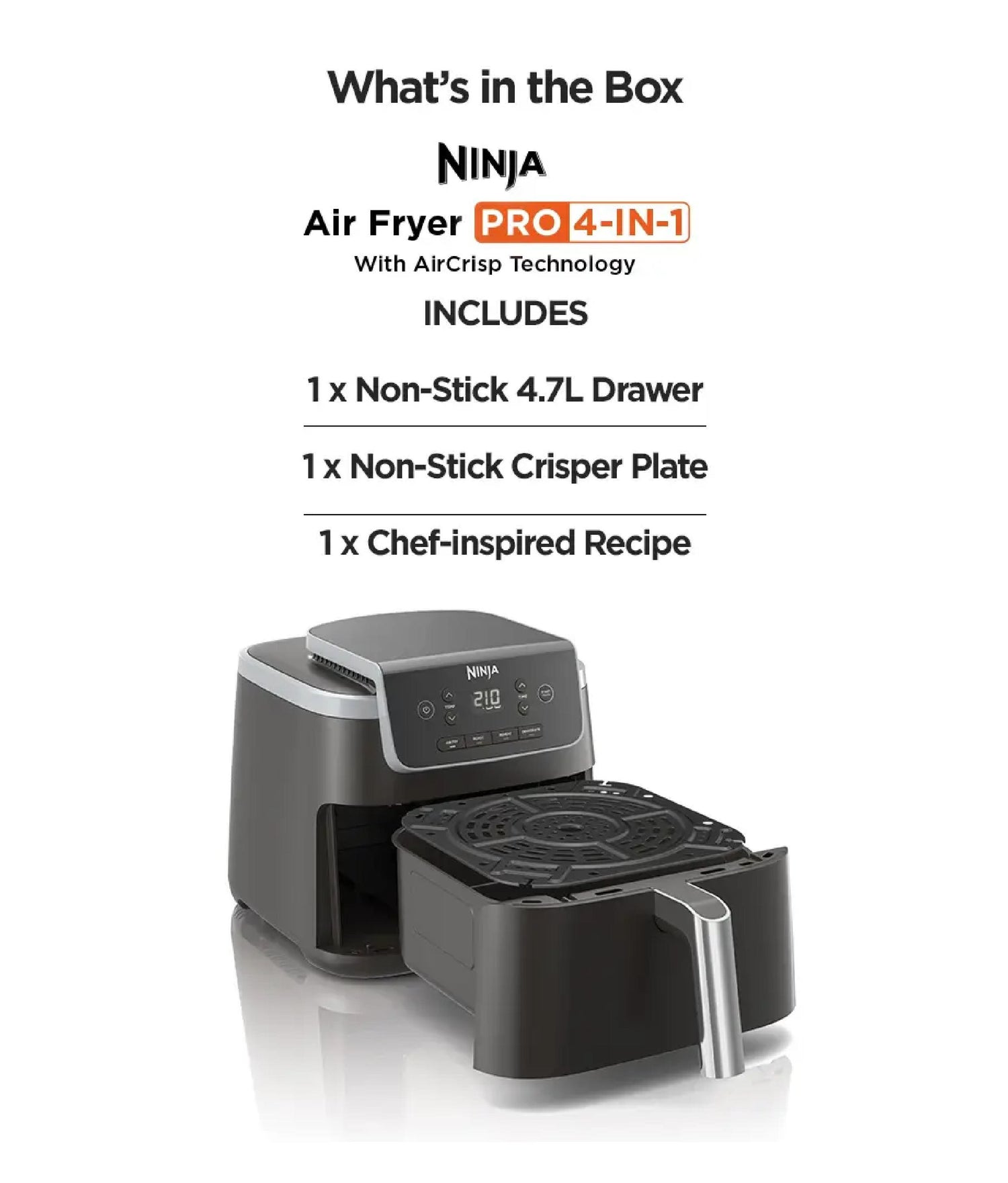 Ninja AF141 Air Fryer Pro 4.7L, AIRCRISP Technology, 4 programmable settings, Air Fry, Roast, Re-heat, Dehydrate