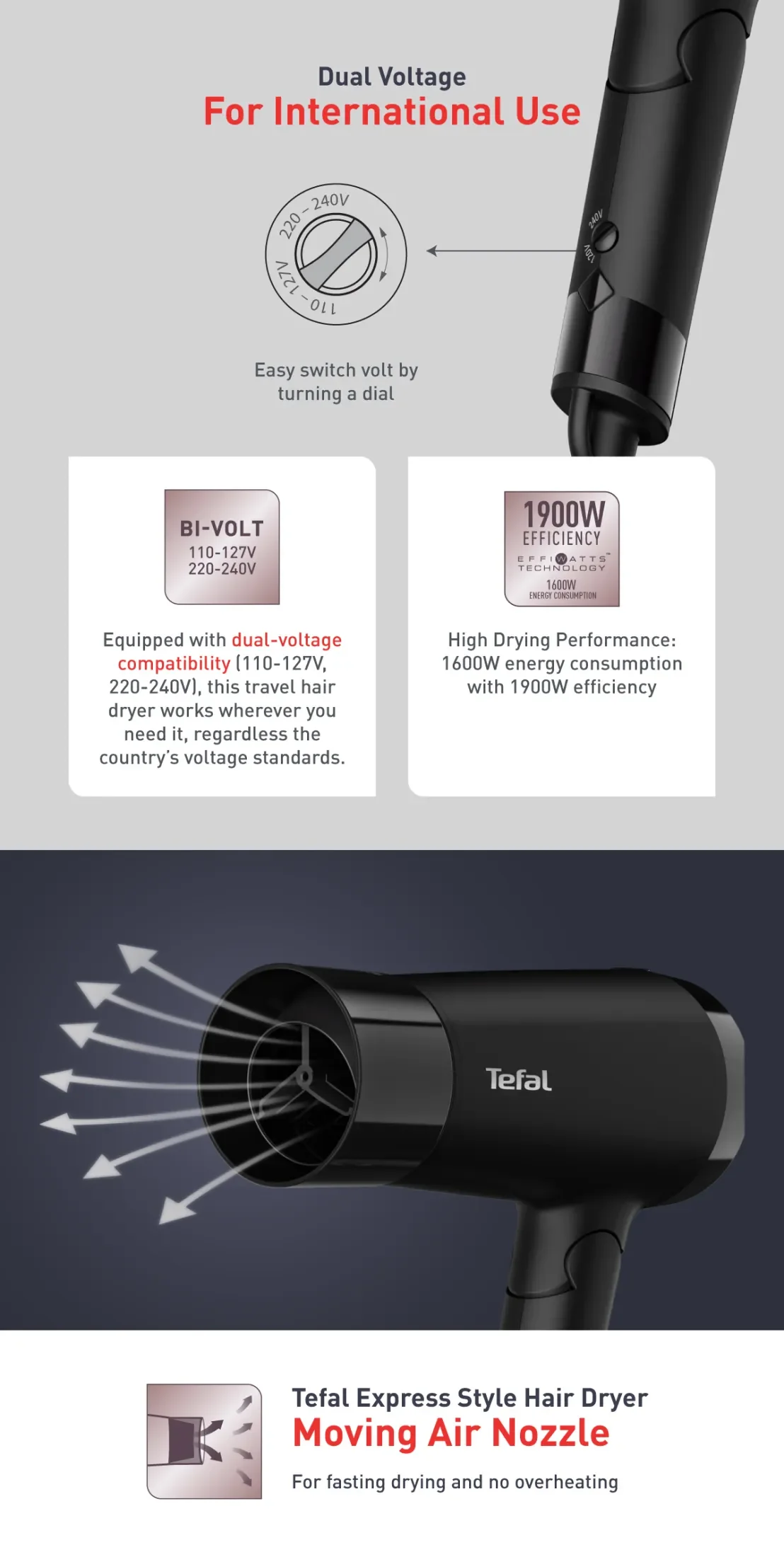 Tefal HV1841 Express Style Hair Dryer Dual Voltage – 110V, 220V, 1900W, Ultra Light, Moving Air Nozzle, 2 Speeds