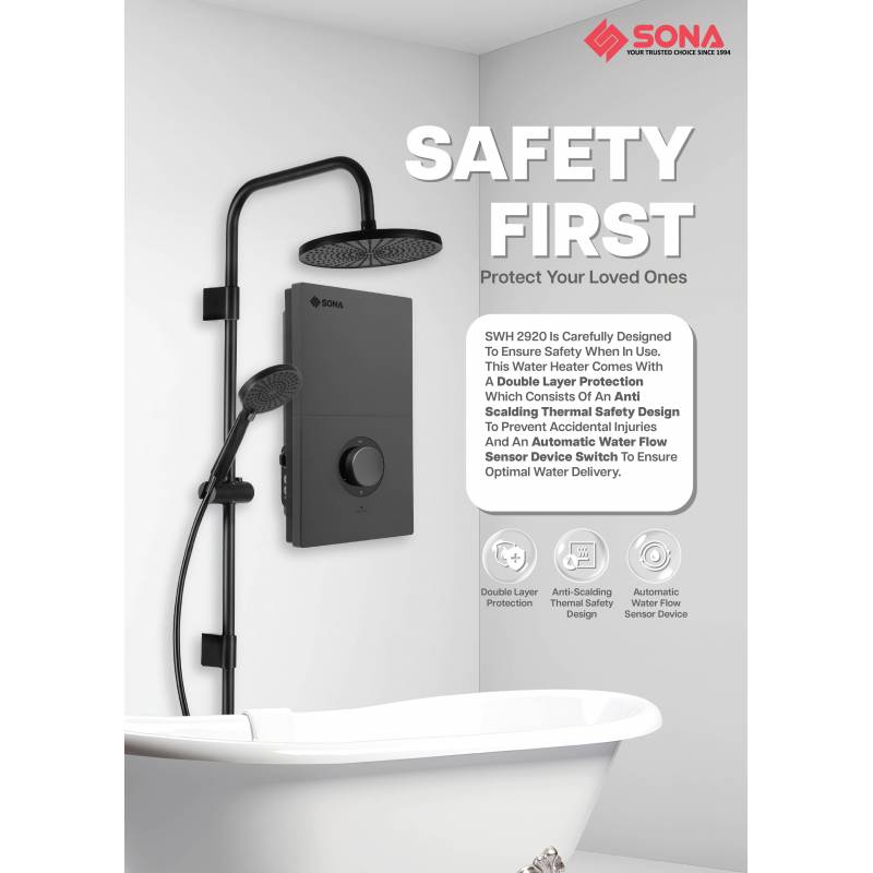 Sona SWH 2920 | SWH2920 Rain Shower Instantaneous Water Heater (w/ DC Pump & ELCB) - 3300W