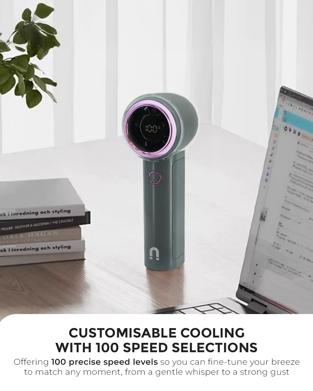 NNIO U-5 High Speed Portable Handheld Fan 6W with LED Diplay, Plastic Blade, 100 Speeds - 2 Colors Options Available