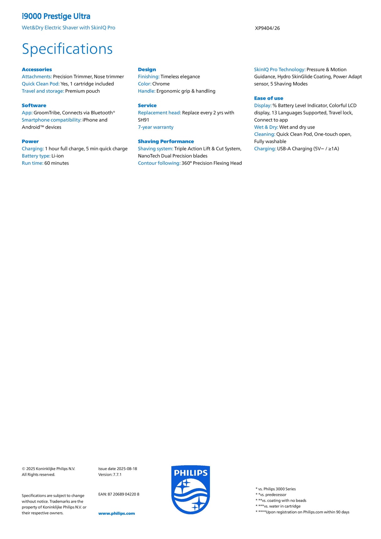 Philips XP9404/26 | XP9404 Wet & Dry Electric Shaver with SkinIQ Pro i9000 Prestige Ultra