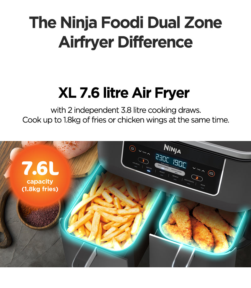 Ninja AF300 Foodi DualZone 6-in-1 Digital Air Fryer, 7.6L, No Oil, Crisp, Roast, Bake, Reheat, Dehydrate, Non-Stick