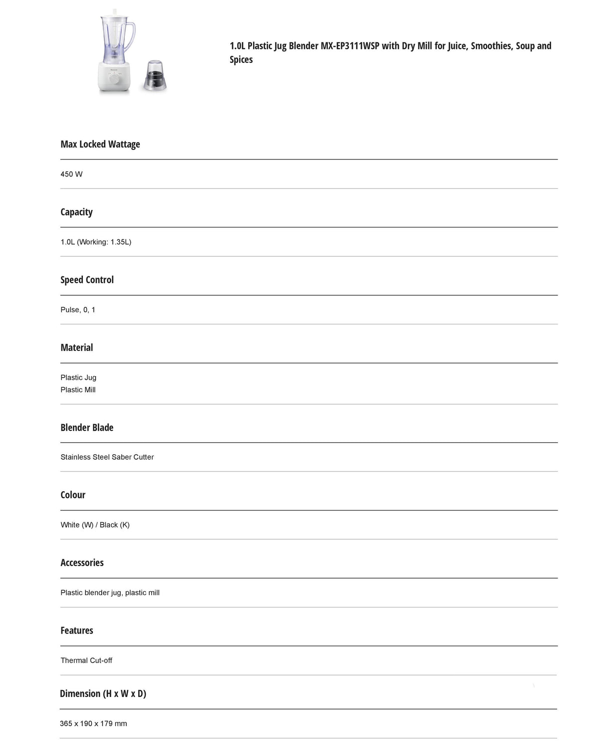 Panasonic MX-EP3111WSP Plastic Jug Blender with Dry Mill for Juice, Smoothies, Soup and Spices 1.0L