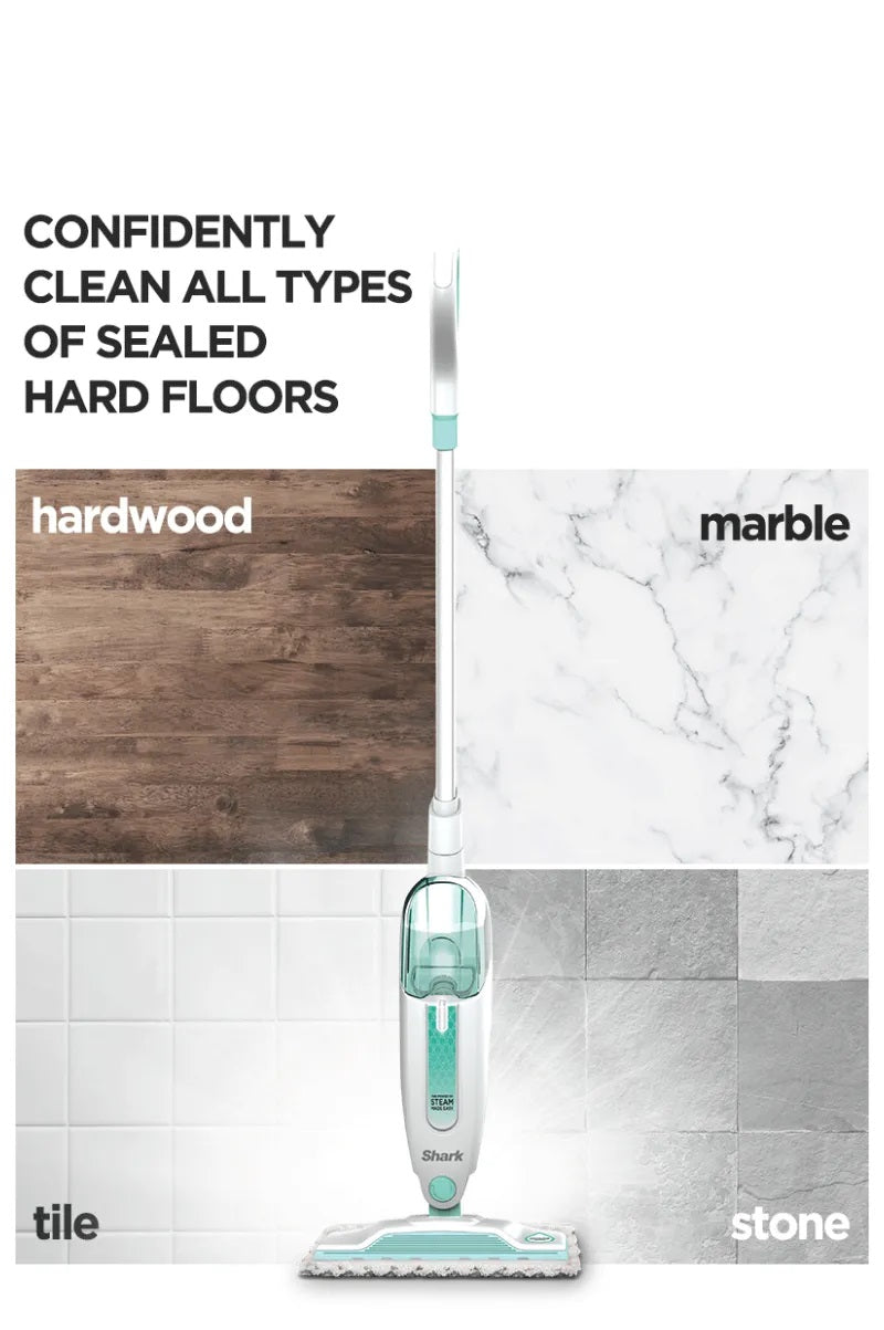 Shark S1000 Steam Mop 375ml, Floor cleaning mop with 2 Dirt Grip Pads, Lightweight, Safe for all Sealed Hard Floors like Tile, Hardwood, Stone, Laminate, Vinyl & More, Machine Washable Pads, Removable Water Tank, White/Seafoam