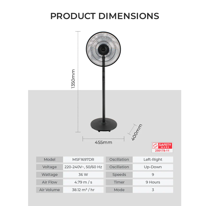 Mistral MSF1697DR Matt Black Gen 1 DC Stand Fan with Remote 16 Inch