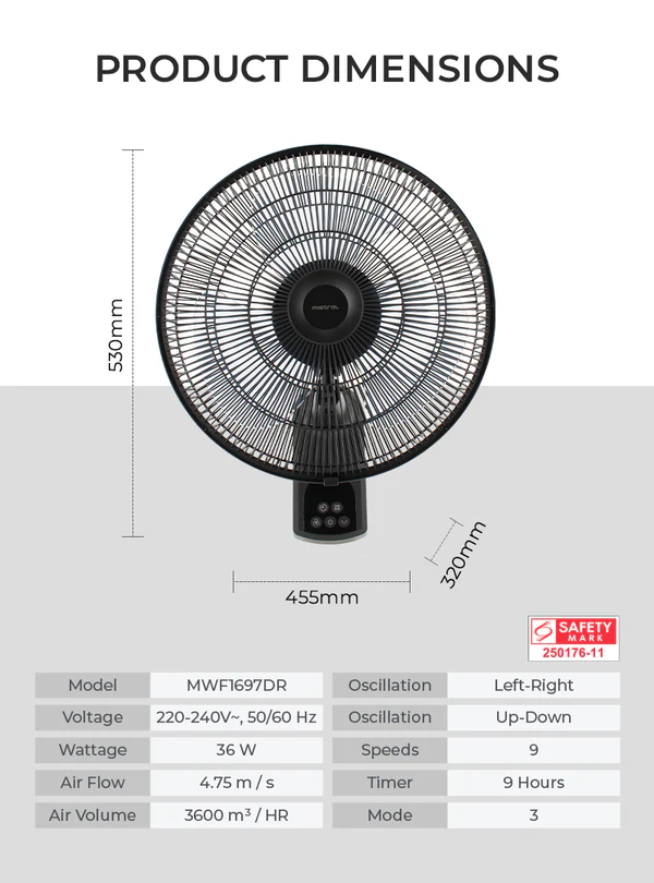 Mistral MWF1697DR Matt Black Gen 1 DC Wall Fan with Remote 16 Inch