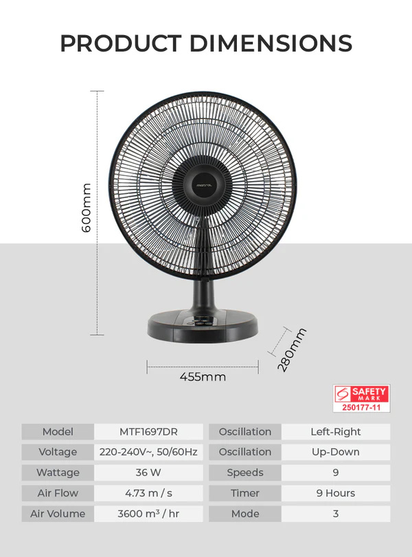 Mistral MTF1697DR Matt Black Gen 1 DC Table Fan with Remote 16 Inch