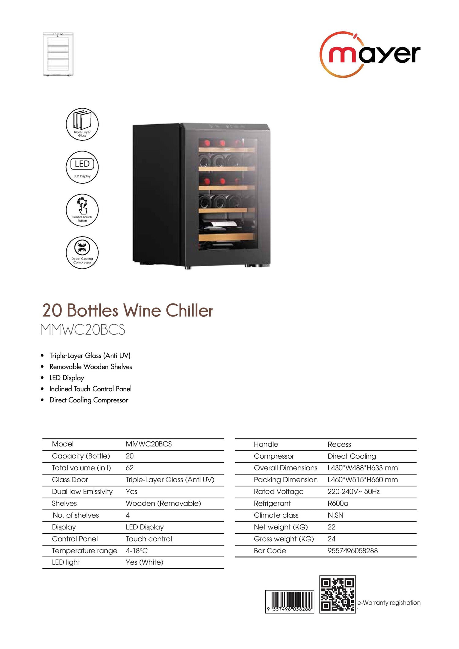 Mayer MMWC20BCS Wine Chiller Triple Glass with Anti-UV 20 Bottles