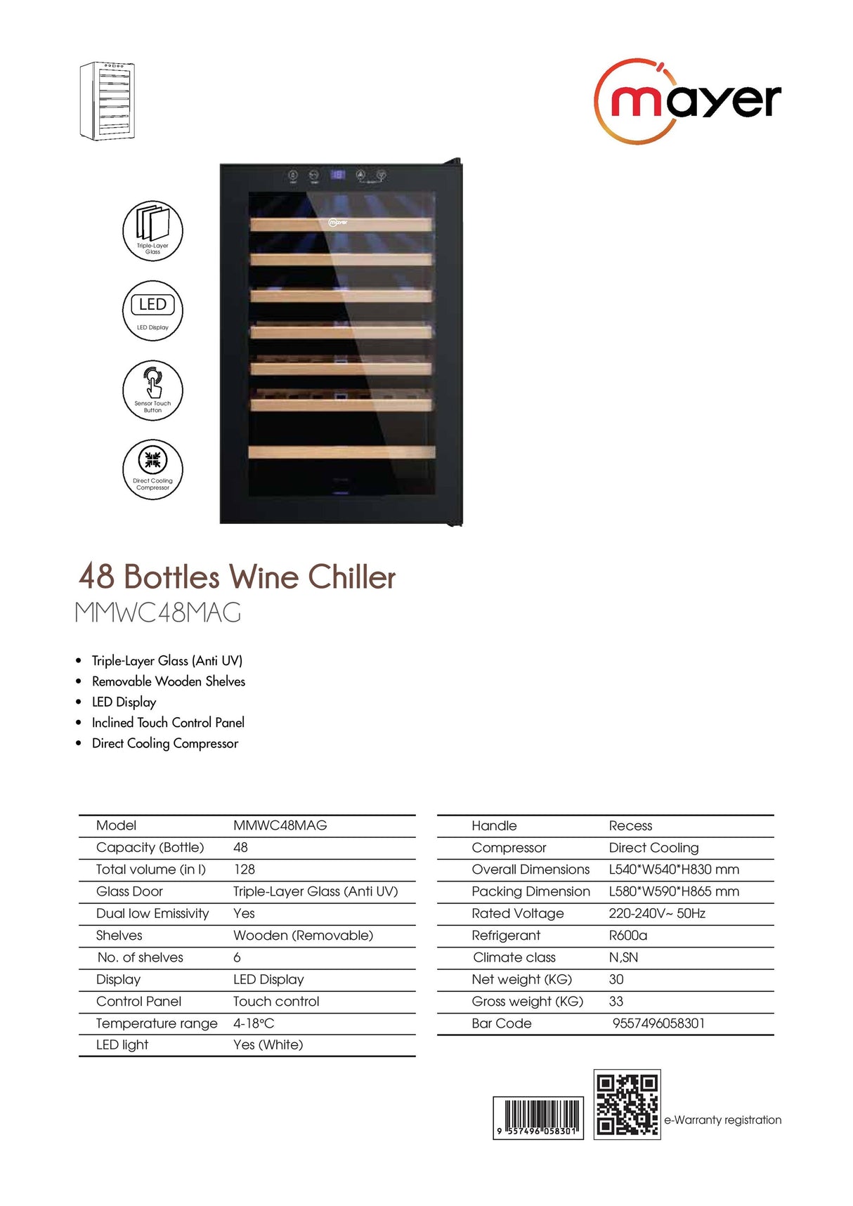 Mayer MMWC48MAG Wine Chiller Triple Glass with Anti-UV 48 Bottles