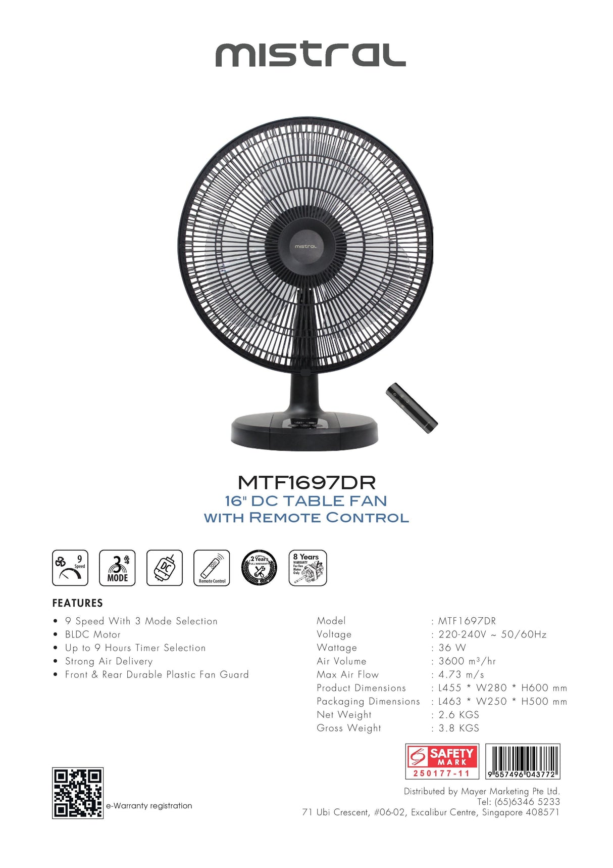 Mistral MTF1697DR Matt Black Gen 1 DC Table Fan with Remote 16 Inch