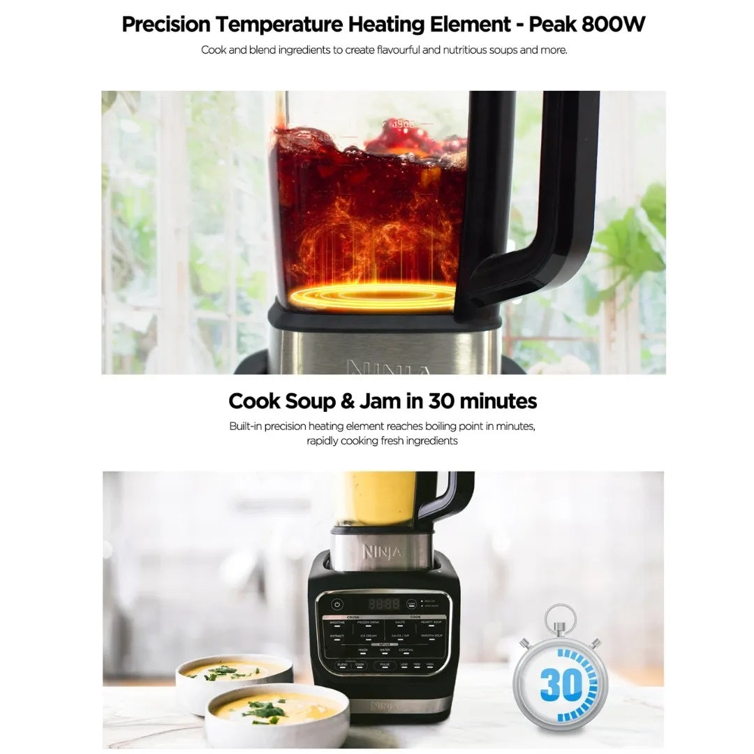 Ninja HB150 Foodi Blender & Soup Maker, 10 Auto-iQ Programs, 1.7L Glass Jug, Hot & Cold Blender, Cleaning Program 1000W