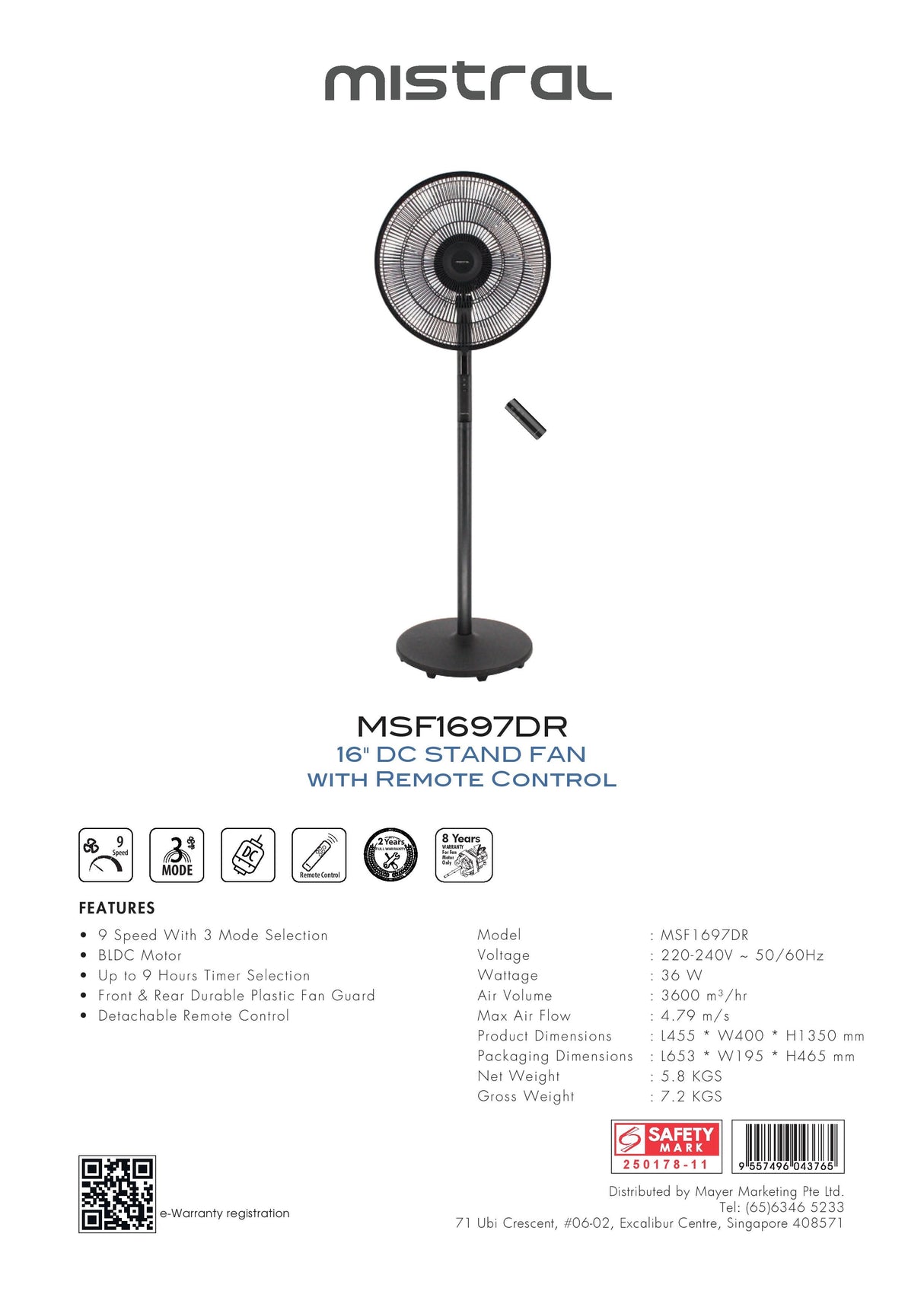Mistral MSF1697DR Matt Black Gen 1 DC Stand Fan with Remote 16 Inch