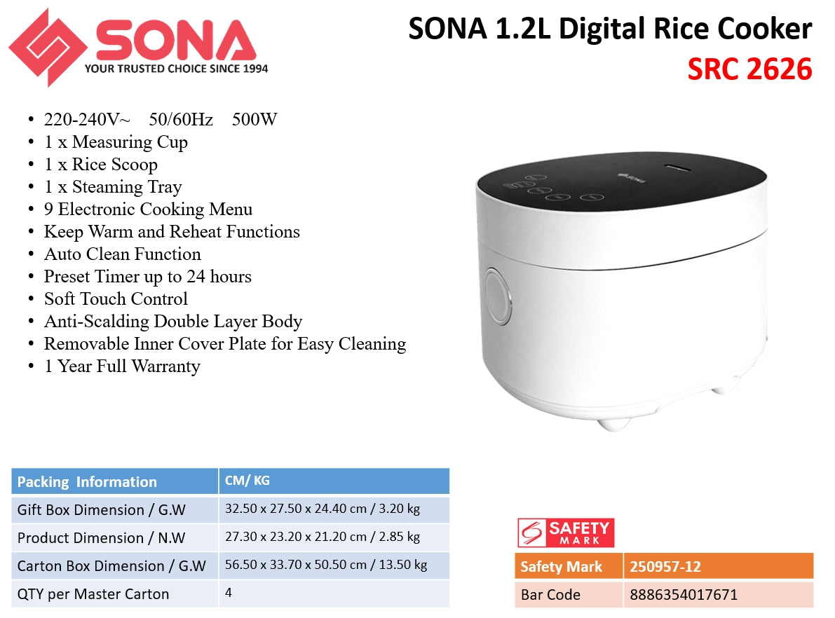 Sona SRC 2626 | SRC2626 Digital Rice Cooker 1.2L