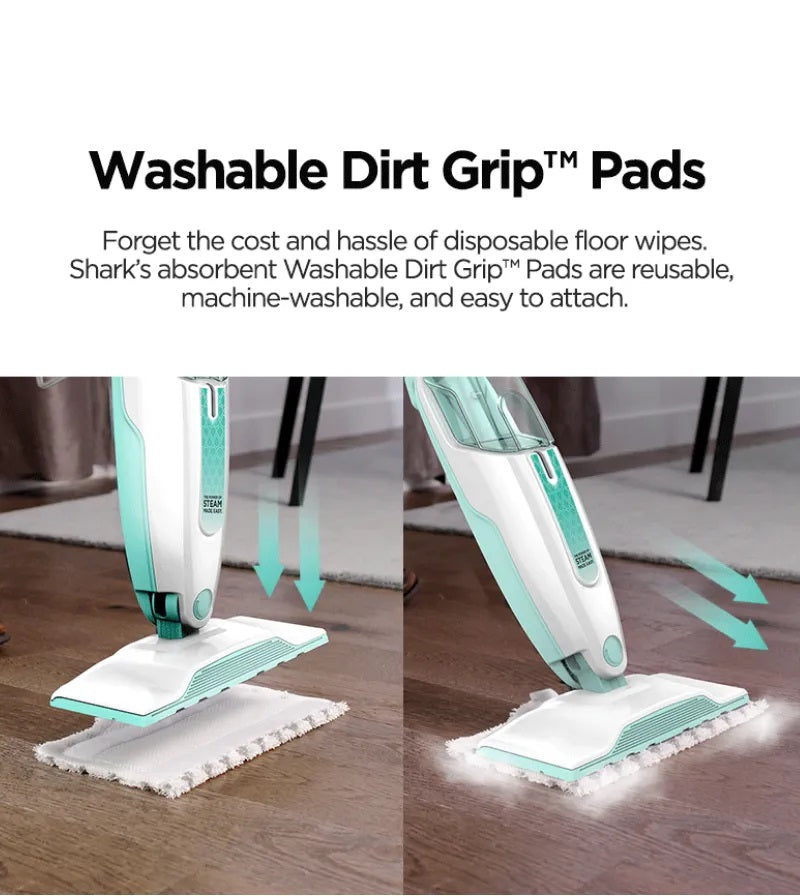 Shark S1000 Steam Mop 375ml, Floor cleaning mop with 2 Dirt Grip Pads, Lightweight, Safe for all Sealed Hard Floors like Tile, Hardwood, Stone, Laminate, Vinyl & More, Machine Washable Pads, Removable Water Tank, White/Seafoam