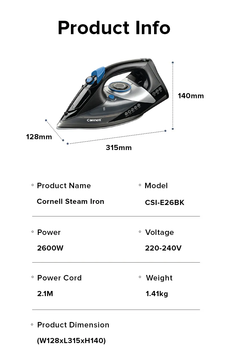 Cornell CIS-E26BK | CISE26BK Steam Iron with Auto Shut Off Function 2600W
