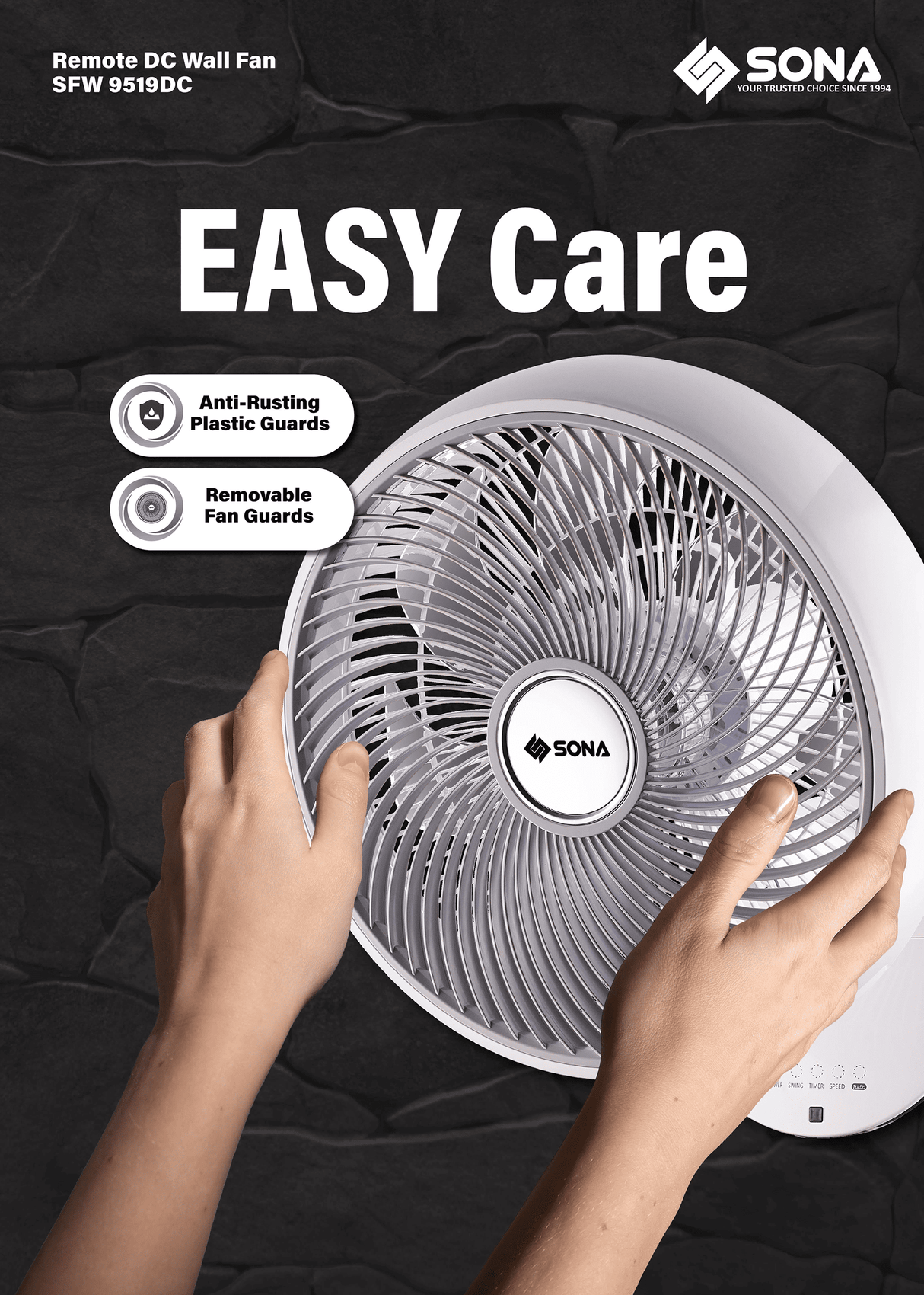 Sona SFW 9519DC Remote DC Wall Fan 16 Inch