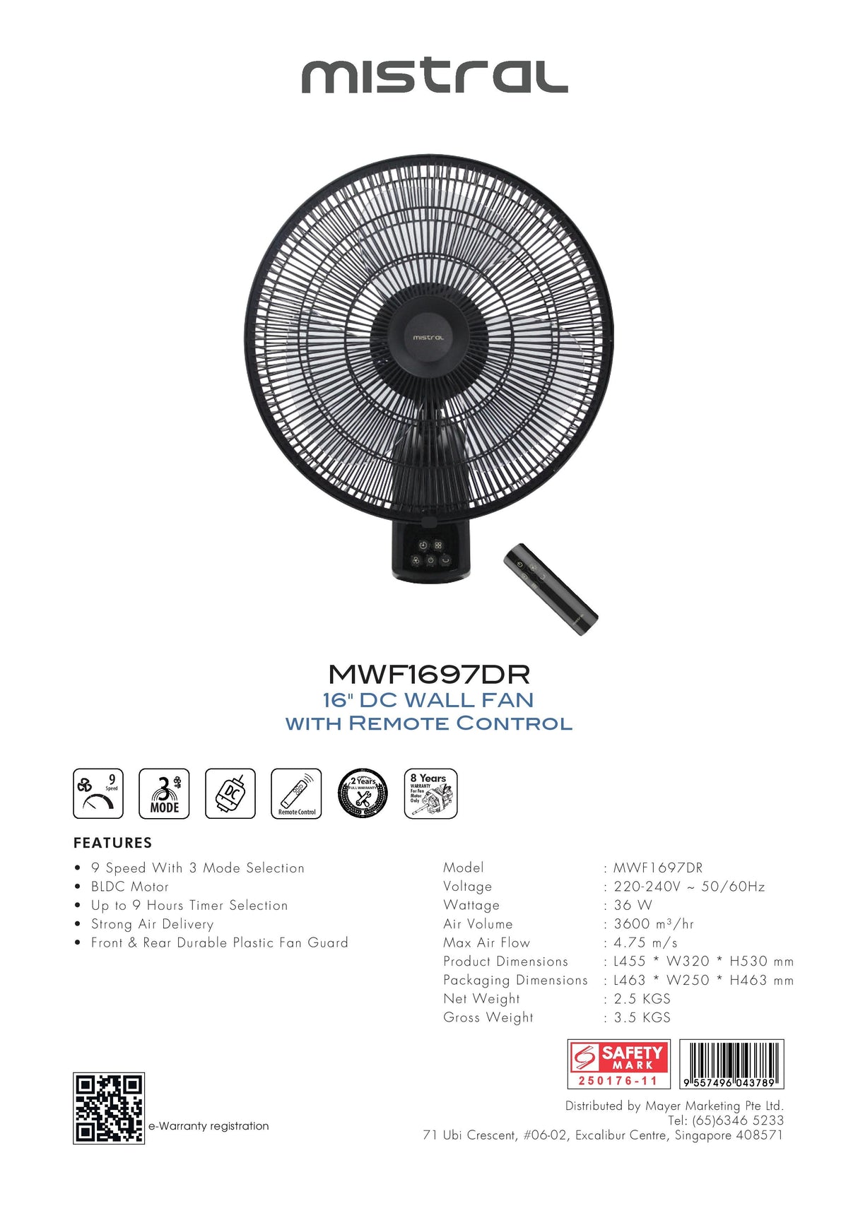 Mistral MWF1697DR Matt Black Gen 1 DC Wall Fan with Remote 16 Inch