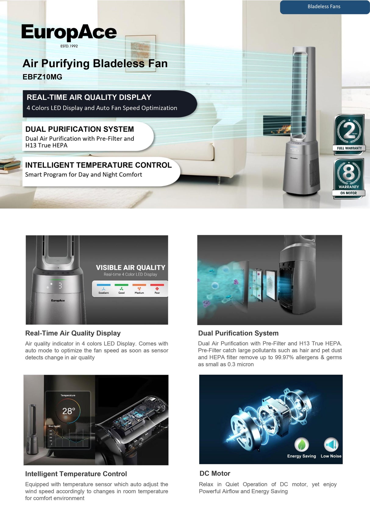 Europace EBFZ10GM Air Purifying Tower Bladess Fan, H13, 10 speed setting, 3 wind modes, 12H Timer, Remote Control, DC Motor, Real Time Air Quality Indicator