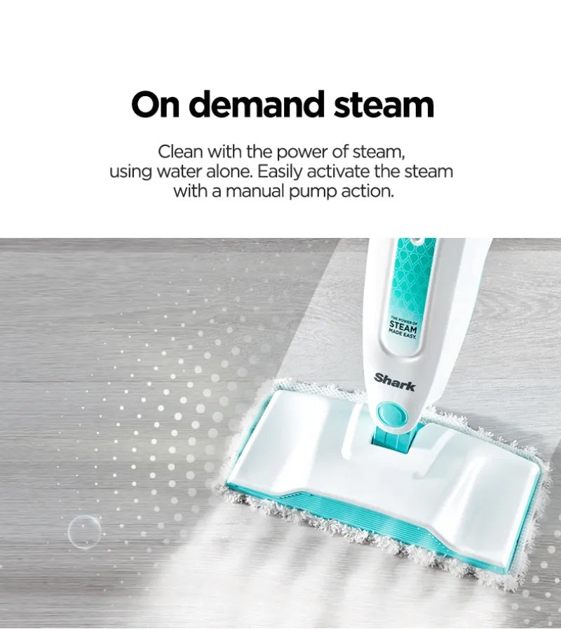 Shark S1000 Steam Mop 375ml, Floor cleaning mop with 2 Dirt Grip Pads, Lightweight, Safe for all Sealed Hard Floors like Tile, Hardwood, Stone, Laminate, Vinyl & More, Machine Washable Pads, Removable Water Tank, White/Seafoam
