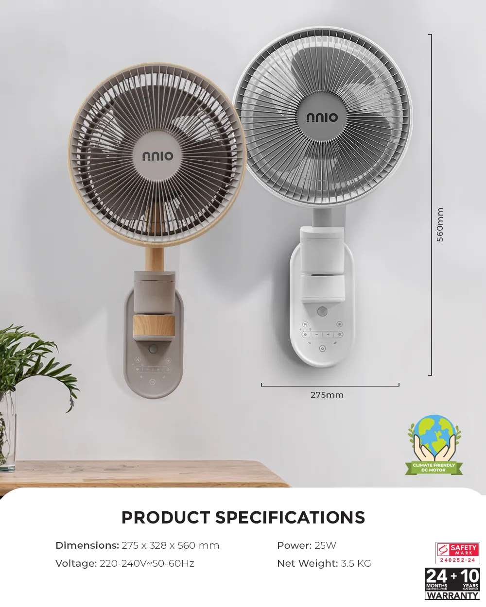 NNIO N1000DCWFR Remote DC Wall Air Circulator Fan 10 Inch