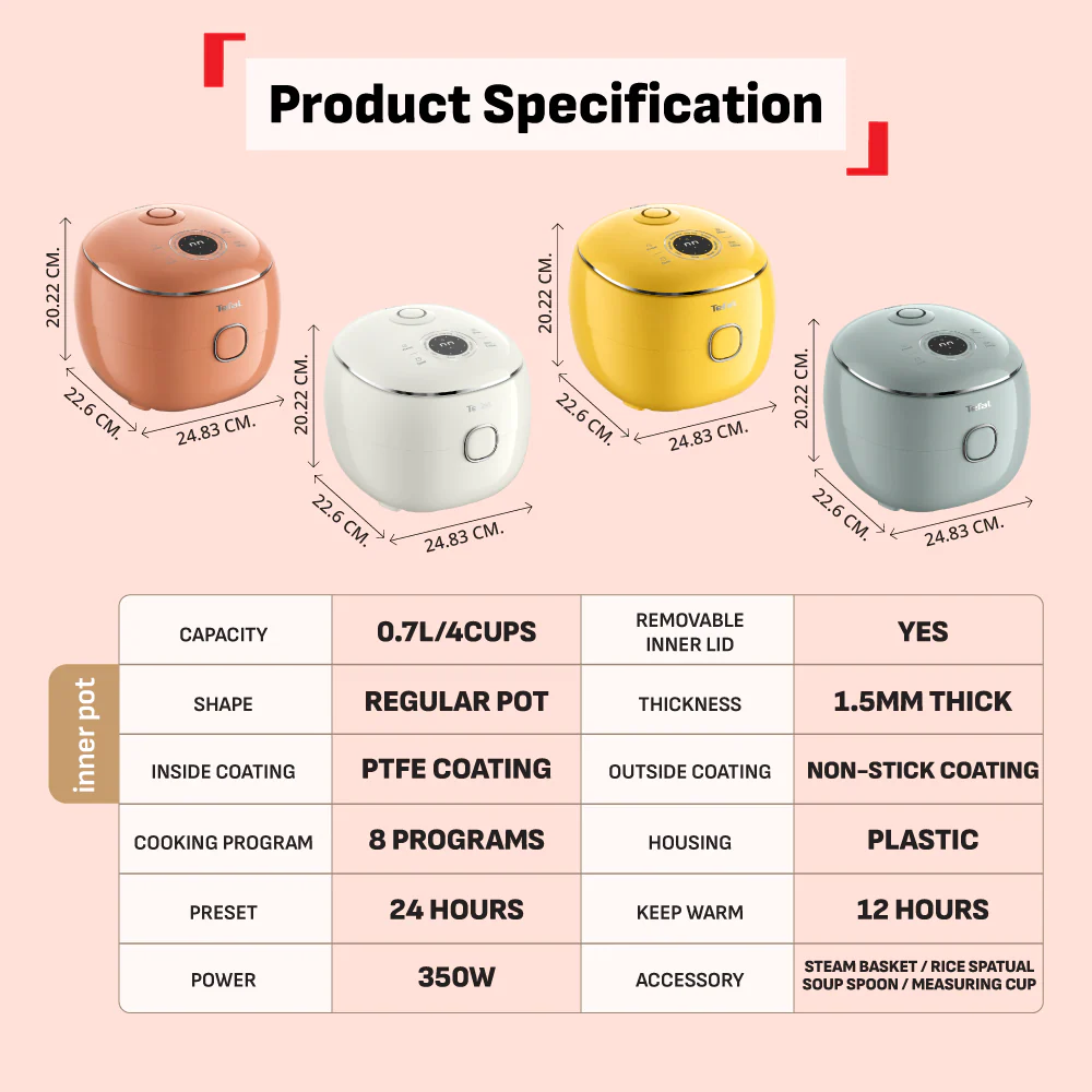 Tefal RK535A | RK5354 | RK5352 | RK535T POP Fuzzy Logic Rice Cooker 0.7L - 4 Colors Available