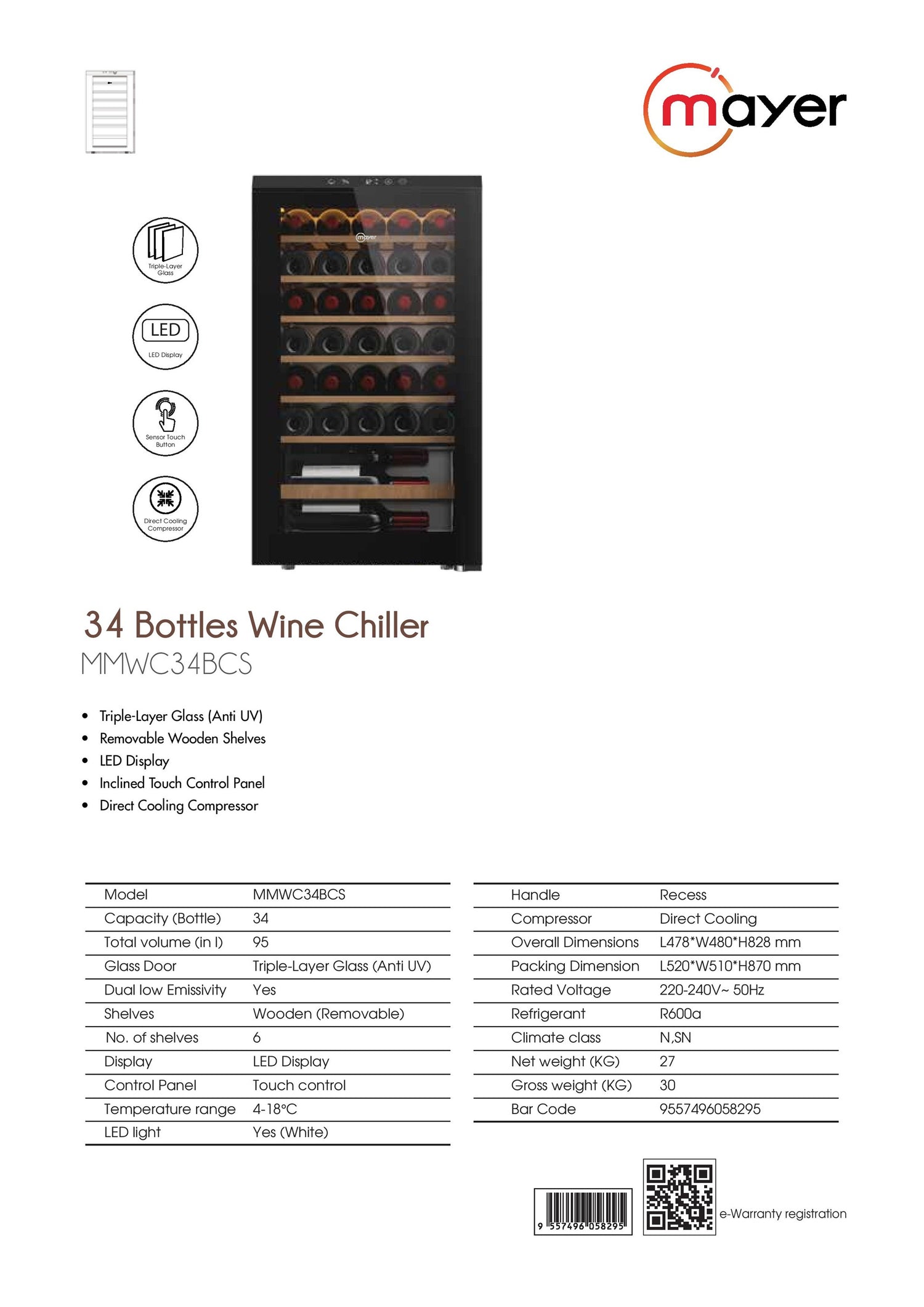 Mayer MMWC34BCS Wine Chiller Triple Glass with Anti-UV 34 Bottles