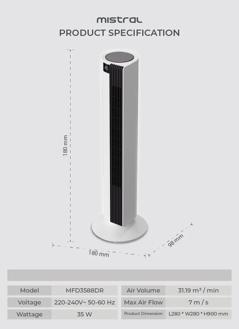 Mistral MFD3588DR DC Tower Fan with Remote Control 35 Inch