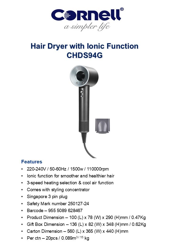 Cornell CHDS94G Hair Dryer with Ionic Function App