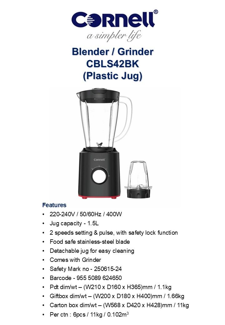 Cornell CBLS42BK Plastic Jug Blender/Grinder 1.5L