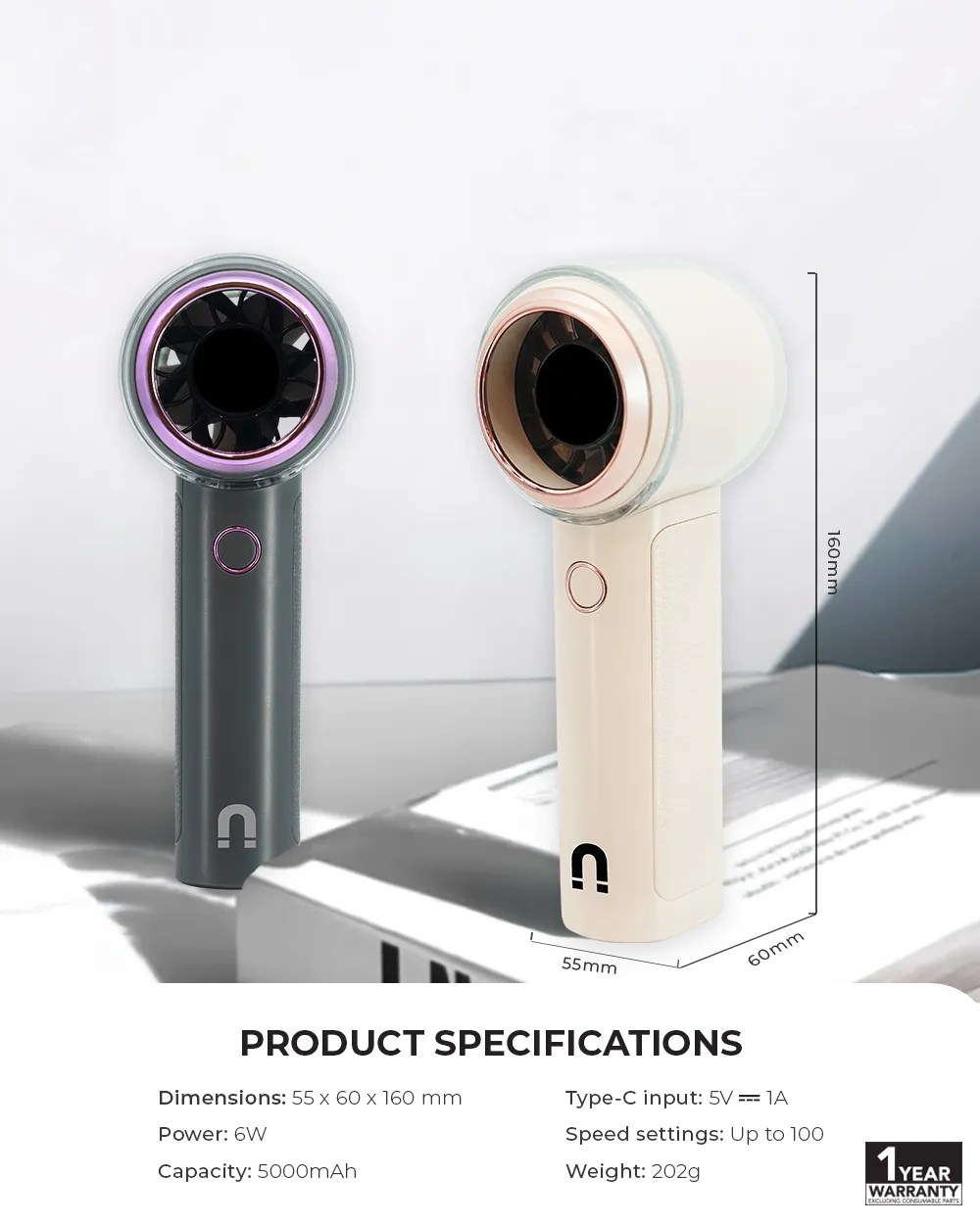 NNIO U-5 High Speed Portable Handheld Fan 6W with LED Diplay, Plastic Blade, 100 Speeds - 2 Colors Options Available