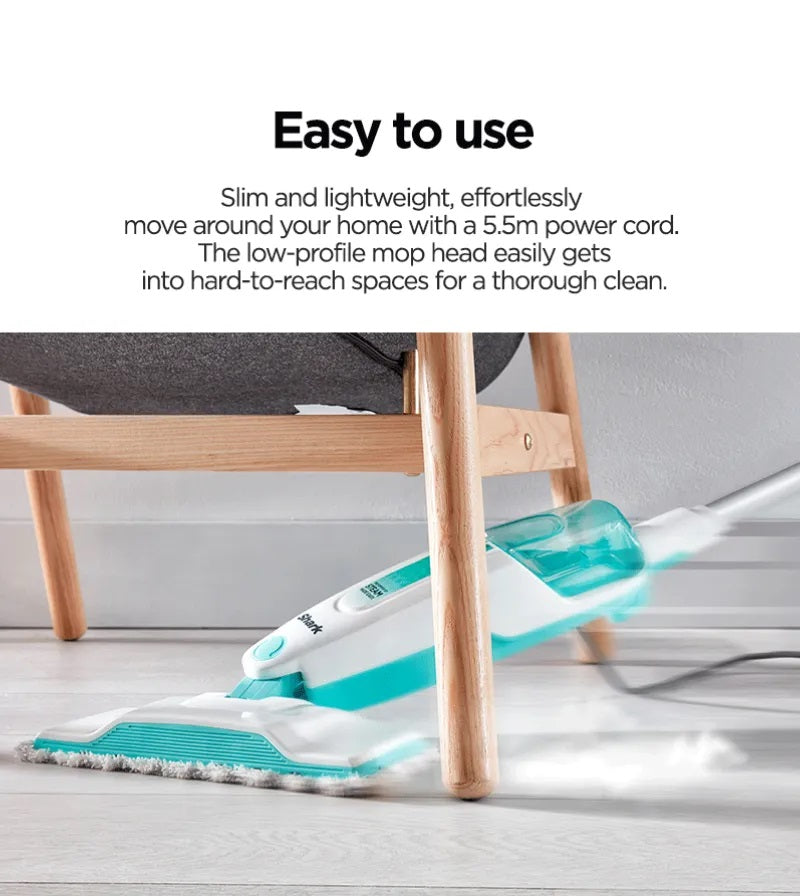 Shark S1000 Steam Mop 375ml, Floor cleaning mop with 2 Dirt Grip Pads, Lightweight, Safe for all Sealed Hard Floors like Tile, Hardwood, Stone, Laminate, Vinyl & More, Machine Washable Pads, Removable Water Tank, White/Seafoam
