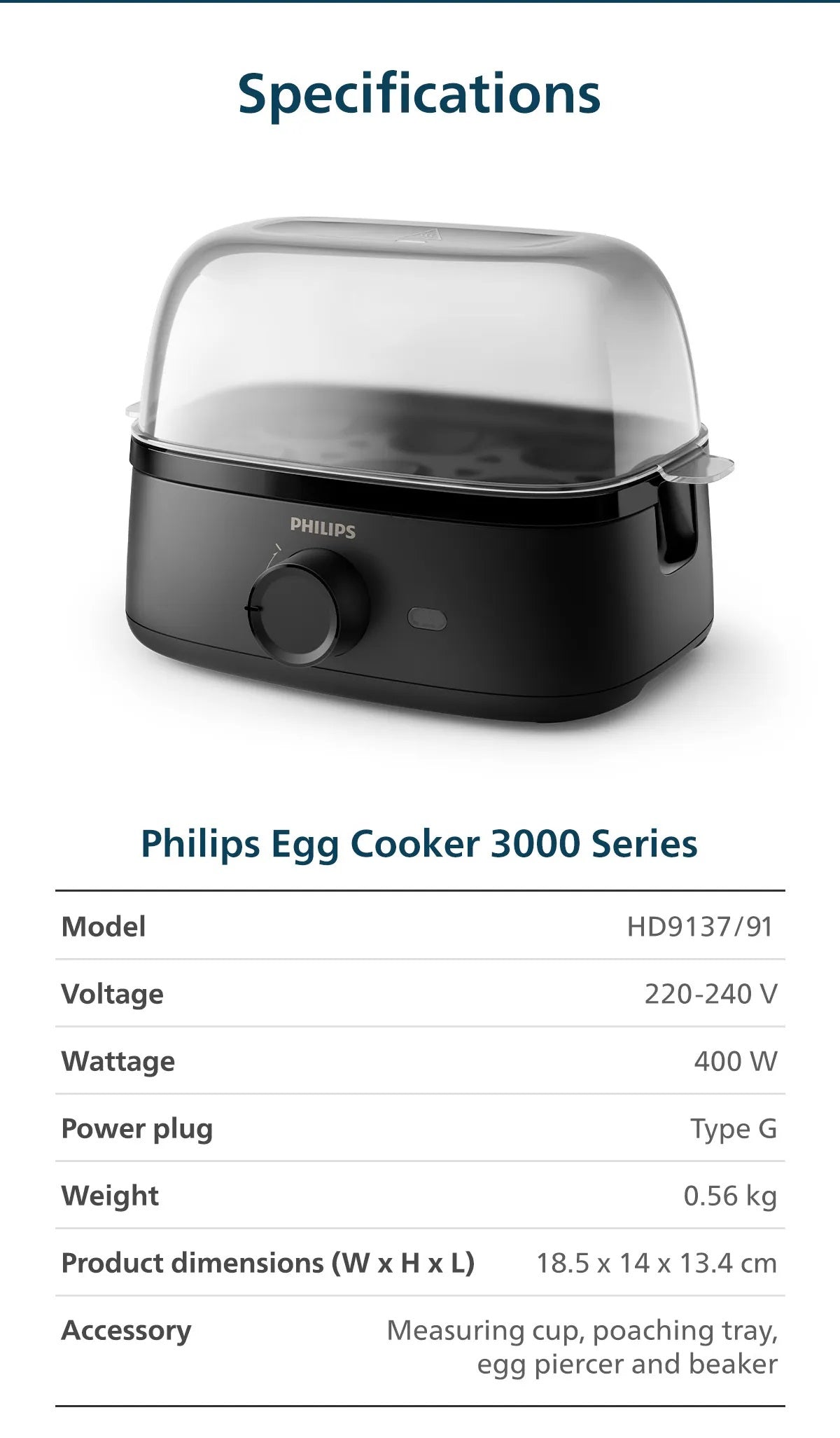 Philips HD9137/91 Electric Egg Cooker 3000 Series , 400W, Poached, Soft, Medium, Hard Boil, 6 Eggs Capacity, Egg Piercer Accessories