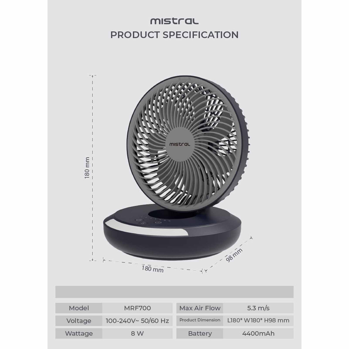 Mistral MRF700 AirZee Plus Rechargeable Foldable USB Fan with Moodlight 6 Inch