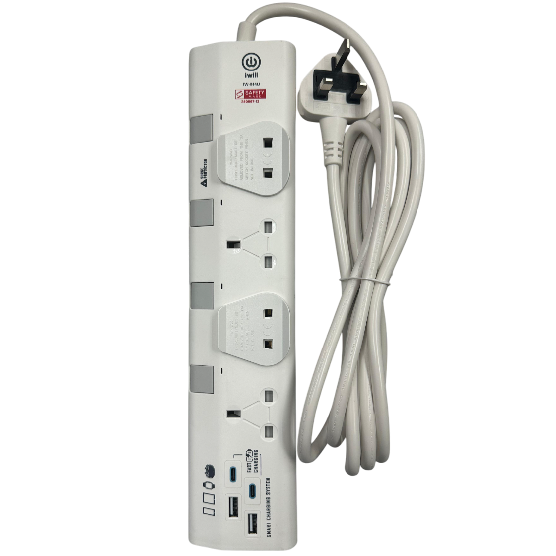 iwill IW-914U 2.5m 4 Way USB(A) + USB(C) Power Trip Surge Protector