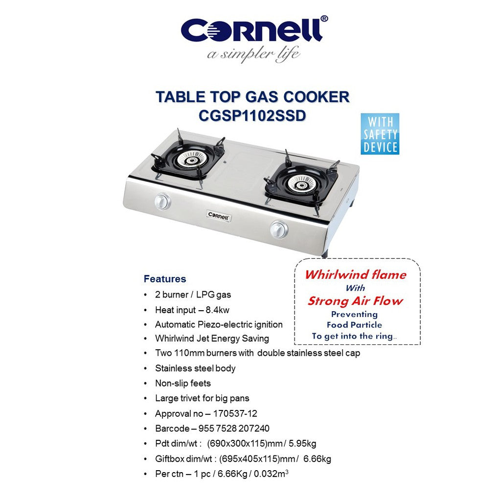 Cornell CGS-P1102SSD Table Top Gas Cooker 2 Burner (LPG ONLY)