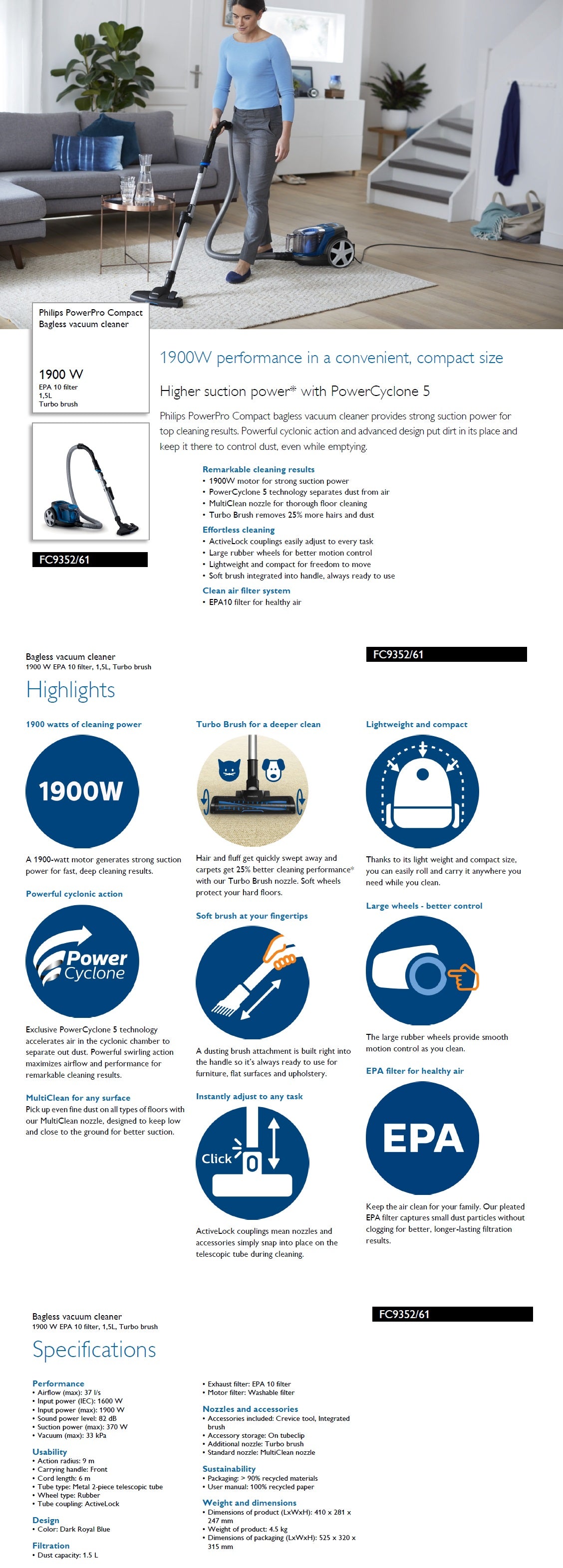 Philips FC9352 PowerPro Compact Bagless Vacuum Cleaner