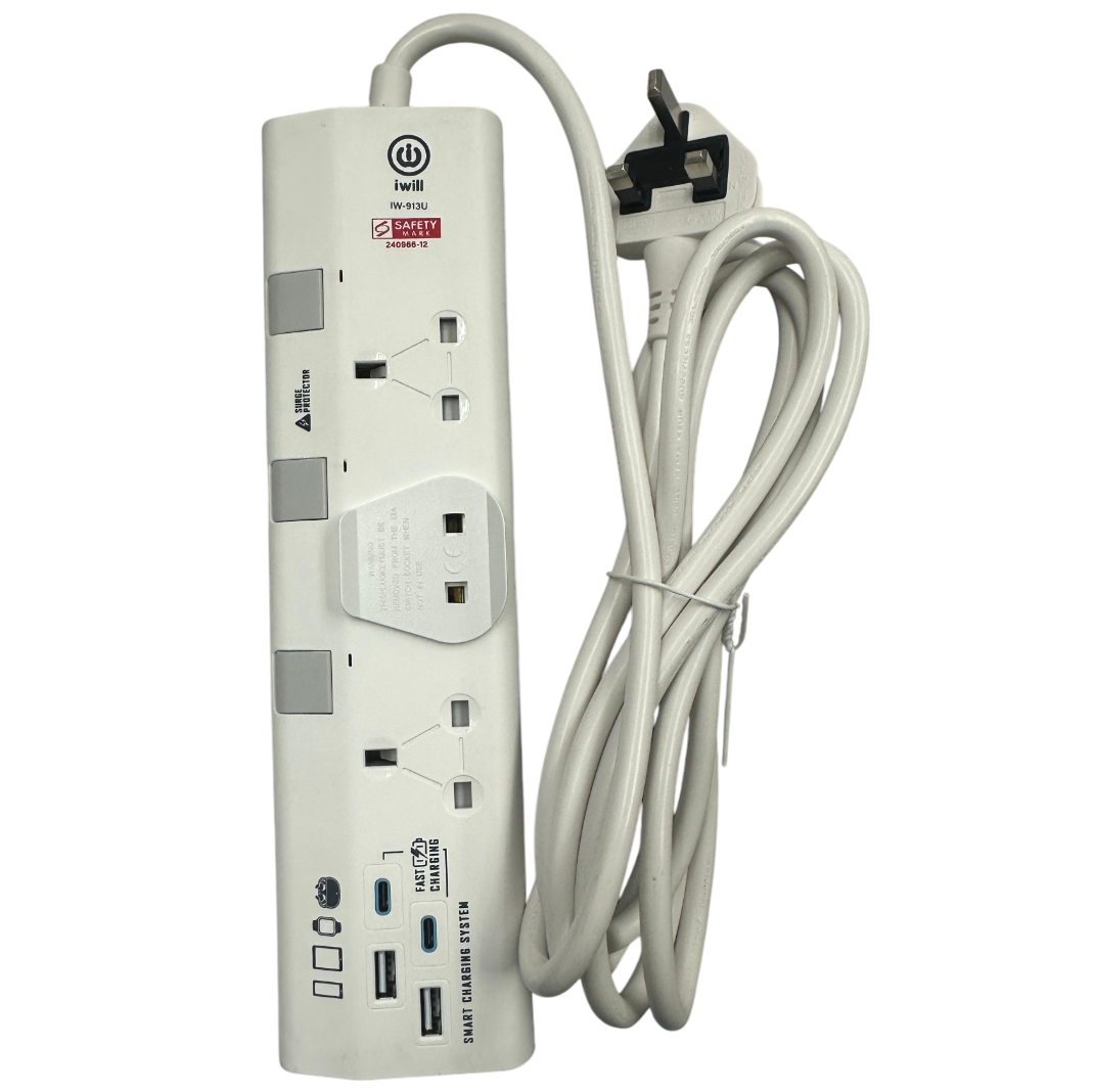 iwill IW-913U 2.5m 3 Way USB(A) + USB(C) Power Trip Surge Protector
