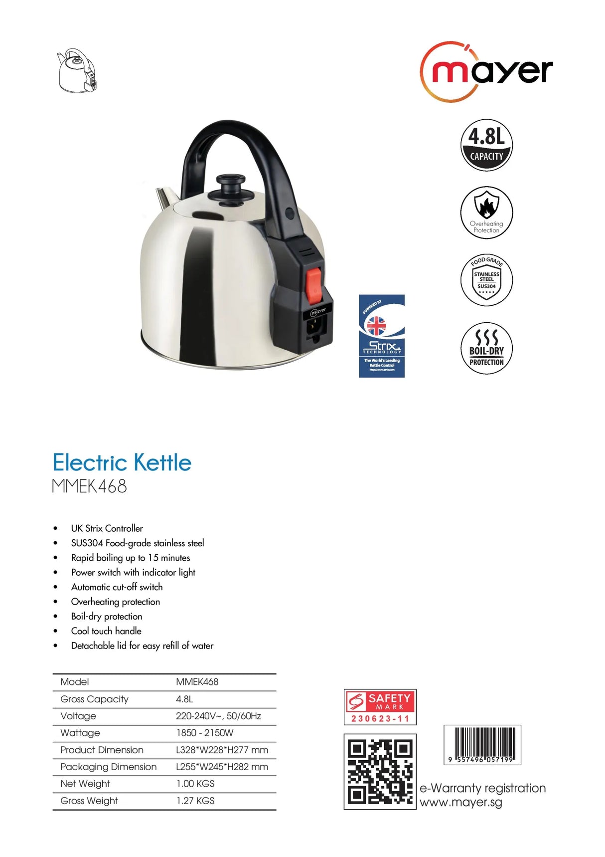 Mayer MMEK468 Stainless Steel Electric Kettle 4.8L