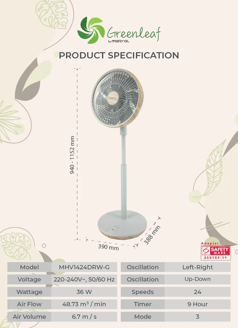 Mistral MHV1424DRW-G DC High Velocity Stand Fan with WIFI & Remote 14 Inch