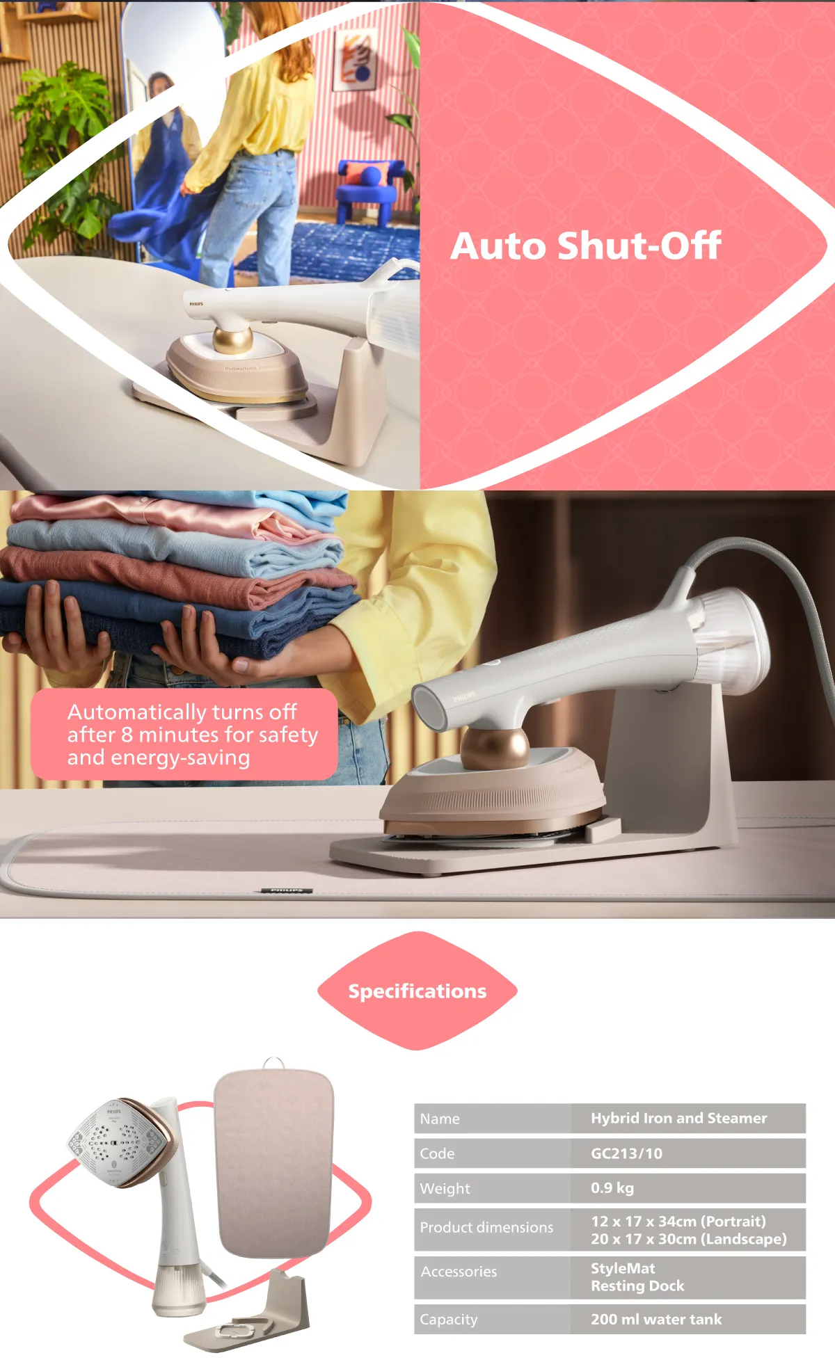 Philips GC213/10 OneTurn 2-in-1 Iron & Steamer | No board needed | Powerful, Compact, Lightweight | No burns guaranteed