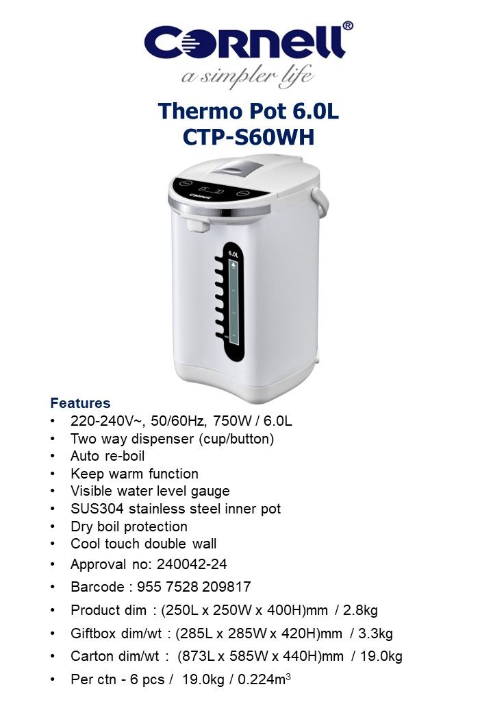 Cornell CTP-S60WH Thermo Pot 6L