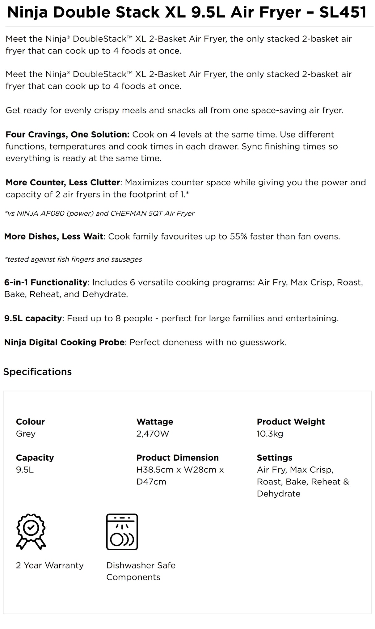 Ninja SL451SM | SL451 Double Stack XL Air Fryer 9.5L