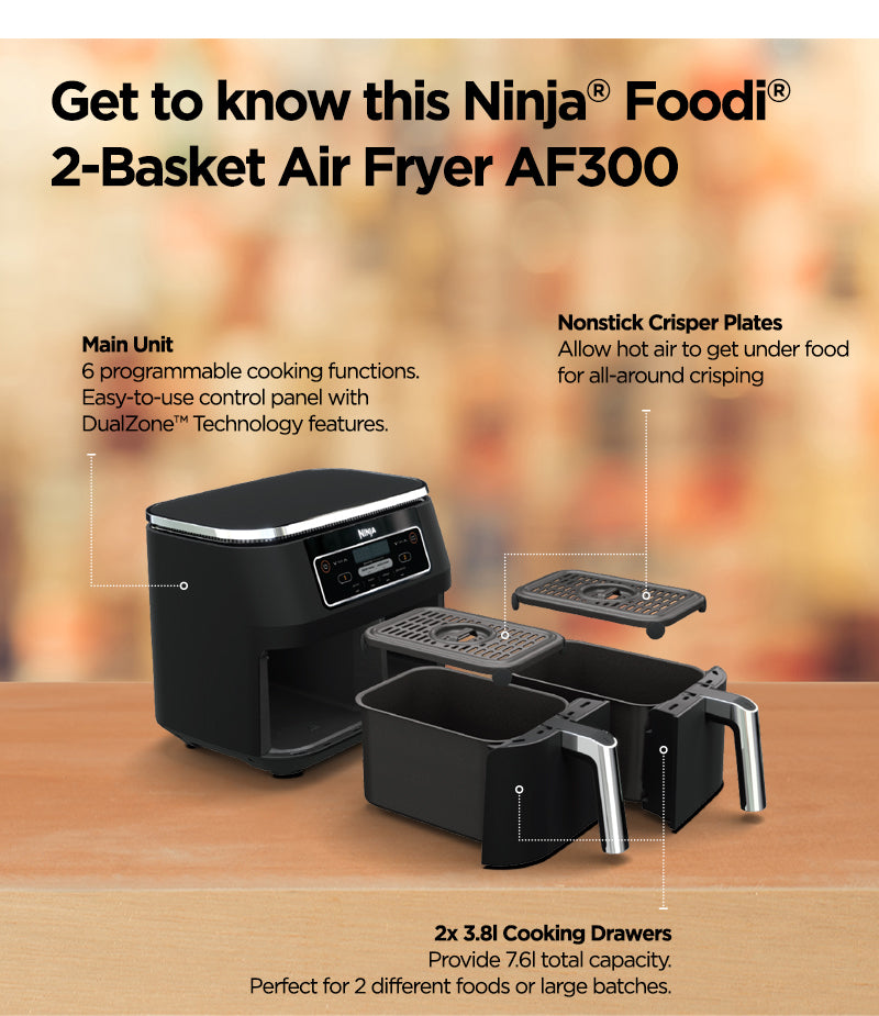 Ninja AF300 Foodi DualZone 6-in-1 Digital Air Fryer, 7.6L, No Oil, Crisp, Roast, Bake, Reheat, Dehydrate, Non-Stick